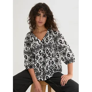 Langarmbluse BONPRIX "Bluse aus Baumwolle", Damen, Gr. 46, weiß (weiß, schwarz), Obermaterial: 100% Baumwolle, A-Linie, Blusen Langarmbluse, A-Linie, für vielseitige Anlässe, aus Baumwolle, 3/4-Ärmel