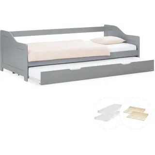Homestyle4u Ausziehbett mit Matratze 90/200 cm Grau , Holz , Kiefer , 90x200 cm , Schlafzimmer, Betten
