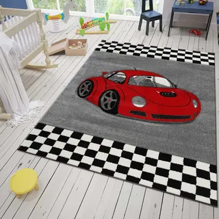 Vimoda Kinderteppich Auto Car Rennwagen Kinderzimmer Spielzimmer Grau Schwarz Rot, Maße:80 x 150 cm