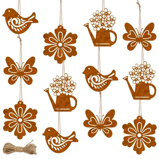 12 Stück Frühlingsdeko Hängedeko, Rost Metall Gartendeko, Ostern Deko, Ostern Metall Schmetterling Vogel Blumen Gießkanne deko, Rostdeko Gartendeko mit Seil, Hängedeko Set für Fenster, Outdoor, Garten