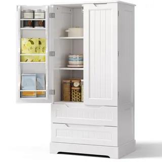 Bealife Hochschrank, Küchenbuffet mit 2 Schubladen und 2 Türen, Freistehender Küchenschrank für Küche, Esszimmer und Wohnzimmer, Weiß