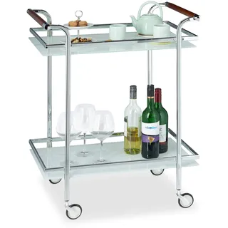Relaxdays Servierwagen Milchglas, Servicewagen, Teewagen, mit 2 Ablagen, offen, Deluxe Rollen, HBT 85x66x43 cm, Silber, Silberfarben