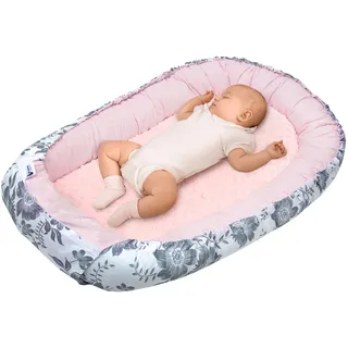 Medi Partners Babynest Nestchen für Neugeborene - 100x60x15 Babynestchen Baby zweiseitg Nest Bett 100% Baumwolle Minky Kuschelnest tragbar (Berry mit Rosa Minky)