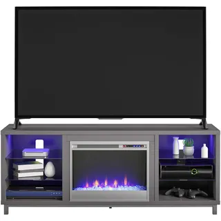Ameriwood Home Lumina Kamin-TV-Ständer für Fernseher bis zu 70 Zoll, austauschbarer elektrischer Kamineinsatz, Fernbedienung, Timer, farbwechselnde LED-Leuchten, Kristall-Glutflammen, Graphitgrau