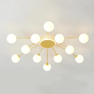 KRIPINC Sputnik Kronleuchter, Sputnik Deckenleuchte Golden mit Weiß Glaskugel Lampenschirm, Kronleuchter Deckenleuchte Halbbündige Montage 12-Flammig, für Wohnzimmer Schlafzimmer
