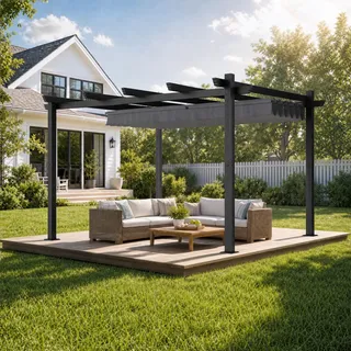 JUMMICO Aluminium Pergola 3x4 m mit Schiebedach, Gartenpavillon Pavillon wasserdicht stabil Winterfest, Sonnenschutz für Garten Terrasse & Balkon, schützt vor Sonne, Regen, langlebig, Grau