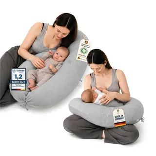 Minky Mooh® - Stillkissen XXL Bio Baumwolle (Öko-Tex 100) mit Kapok Füllung (190x30cm) grau - Großes Baby-Kissen zum Schlafen, Stillen & Flasche geben, Schwangerschaftskissen & Seitenschläferkissen