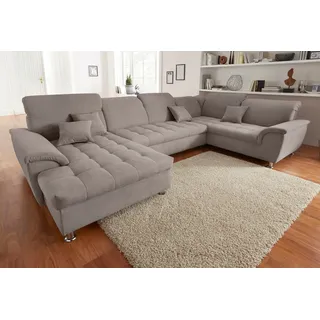 DOMO collection Wohnlandschaft »Franzi optional mit Bettfunktion, Bettkasten & Kopfteilverstellung« U-Form, Recamiere links, taupe, B/T: 352/214 cm, grau
