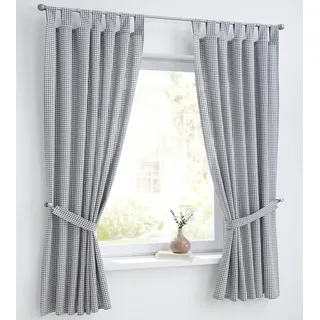 Cottage Vorhang und Raffhalter weiß grau kariert mit Schlaufen,Reine Baumwolle, Landhaus-Gardine Küche Breite 110 cm x Höhe 175 cm (1 STK)