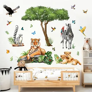 Supzone Wandtattoo Safari Tiere Baum XXL Wandsticker Dschungel Tiger Leopard Zebra Groß Wandaufkleber Kinderzimmer Babyzimmer Schlafzimmer Jungen Wanddeko