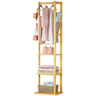 Yorbay Schmaler Freistehen Garderobenständer aus Bambus: mit 3 Ablagen & 2 Haken - Kleiderständer für Maximale Stabilität - Platzsparend im Eingangsbereich Flur Schlafzimmer Wohnraum