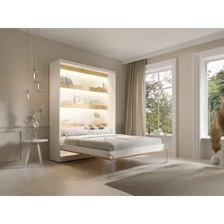 Schrankbett + Matratze - 160 x 200 cm - Manuelle vertikale Öffnung - Mit LED-Beleuchtung - Weiß & Holzfarben - RAPILI
