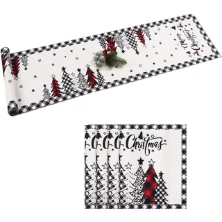 Yugarlibi Tischläufer Weihnachten 5er Sets, Weiß Moderne Abwaschbar Tischläufer Leinenoptik Stoff Fleckschutz Tischtuch 183x35cm mit 4 rutschfeste Tischsets 45x30cm Tischdekor für Esstisch Küche Party