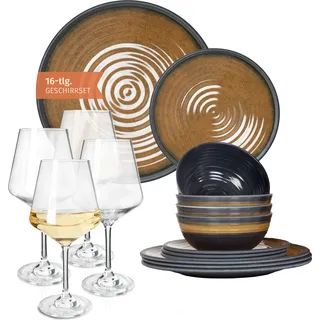 Melamin Camping Geschirr Set 4 Personen Stone Curry + 4 Milano Weiß Weingläser Tafelgeschirr Picknick BBQ Kochgeschirr