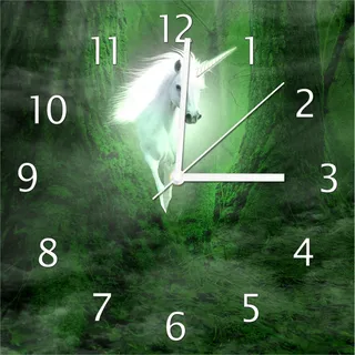 Wallario Design Wanduhr Weißes Einhorn im grünen Wald aus Echtglas, Größe 30 x 30 cm - Grün