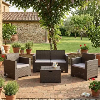 Dmora Loungeset für draußen Venere, Outdoor-Lounge mit Couchtisch, Terrassenset mit Kissen, Gartenkomposition mit Sofa und Sesseln, Italy, Taube