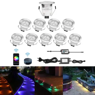 CHNXU 10er Set LED Bodeneinbauleuchte, WiFi RGB LED Einbaustrahler Steuerbar via App, IP67 Wasserdicht Außen Boden Lampe DC12V Ø30mm Treppen Einbaustrahler Kompatibel mit Amazon Alexa, Google Home