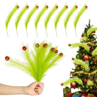 Eopvttge 8 STK Deko Zweige Weihnachten mit Rote Beeren, Grinch Deko Weihnachten, 42cm Limettengrüne Weihnachtsbaumspitze, für Weihnachtsbaumschmuck Weihnachtskranz Adventskranz Deko Tischdeko