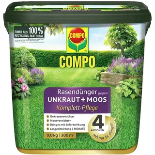 Rasendünger gegen Unkraut + Moos Komplett-Pflege Rasendünger mit Unkrautvernichter, Moosvernichter, 3 Monate Langzeitwirkung 9 kg, für 300m2