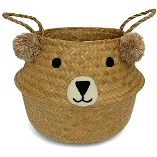 Handgefertigter Seegras-Korb mit Teddybär-Design, vielseitiger Aufbewahrungskorb für Spielzeug, Wäsche, Decken oder als Pflanzentopf, Flechtkorb mit Henkeln für Kinderzimmer und Wohnräume (31x38cm)