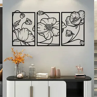 YiYa 3 Stück Wanddeko aus Metall Metall Blume Wand Dekor Floral Line Wandskulptur Schwarze Wanddekoration Minimalist Line Art für Zuhause Wohnzimmer Schlafzimmer