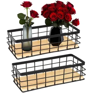 2 Stück Drahtkorb mit Holzboden – Gitterkorb aus Metall zur Aufbewahrung in Küche, Bad & Büro – Aufbewahrungskorb im Industrial Design für Regal, Speisekammer & Schublade – Organizer Korb, schwarz