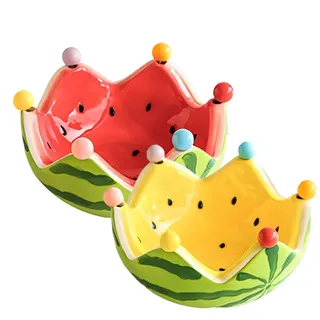 Wassermelon -Obstschale, Wassermelone Rot & grüner Keramik -Tauchschalen, dekorative Obstschale mit 6 Edelstahlgabeln, Wassermelonendesign Keramikschale für das Haushaltsveranstaltungen von Speisen