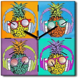 Coloray Uhr auf Leinwand 30x30 cm Wand Uhr Dekoration Wohnzimmer Segeltuch schwarze Hände -Ananas-Frucht-Poster. - Bunt