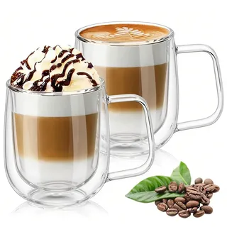 Vicloon Doppelwandige Latte Macchiato Gläser Set, 2 Stück Doppelwandige Kaffeegläser mit Henkel,250ml Kaffeetassen Glas für Cappuccino,Latte,Tee,EIS,Eistee,Bier