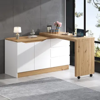 Schreibtisch m. Rollen, drehbare Tischplatte, arretierbar, klappbar, Eckschreibtisch, Sideboard(Oak,White)