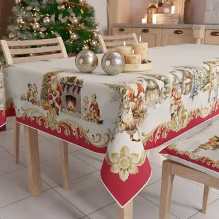 Petti - Weihnachtstischdecke Tischdecke 140 x 140 cm, quadratisch, schmutzabweisend & fleckenabweisend, Pflegeleichte Mikrofaser mit Motiv Vintage-Weihnachten, ideal für Advent & Weihnachten