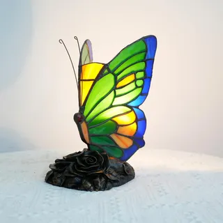 NUODITOS Nachttischlampe Tiffany Stil Blau Grün Schmetterling Nachttischlampe Kleine Glasmalerei Lampe für Schlafzimmer Wohnzimmer Home Office