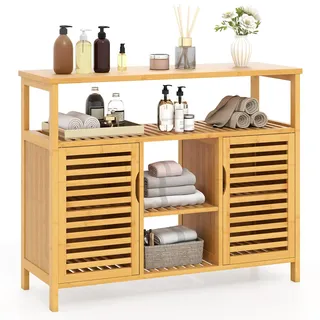 FANTASK Badezimmerschrank Bambus, freistehender Badschrank mit 2 Lamellentüren & offenen Regalen, Beistellschrank für Badezimmer, Küche & Esszimmer, 100 x 35 x 80 cm