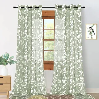 Durchsichtige Boho-Vorhänge, 213 cm lang, für Wohnzimmer, Blätter, Baumzweig, Vintage, Blumenmuster, botanisch, natürlich, Fenstervorhänge für Schlafzimmer, 2 Paneele, 213 cm Länge, Weiß, Hellgrün