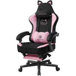 GTPLAYER Niedlicher Gaming Stuhl mit Samtstoff, Gaming Chair, ergonomischer Bürostuhl Gamer Stuhl mit Katzenohren, Memory-Schaum und Fußstütze, 150kg, Rosa