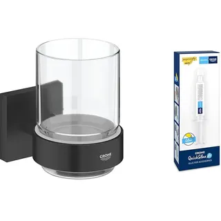 GROHE Start Cube - Glas mit Halter- Set (Material: Glas/Metall, inkl. QuickGlue A1: Klebeset für einen Klebepunkt, verdeckte Befestigung), matt schwarz, 410972430