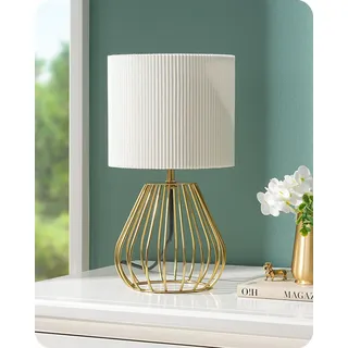 EDISHINE Nachttischlampe, Cremeweißer Plissee-Lampenschirm und Metallsockel in Tropfenform, 2700K Warmweiß, E14 Fassung inkl. 4W LED-Leuchtmittel, Tischlampe Modern für Wohnzimmer, Höhe 29 cm