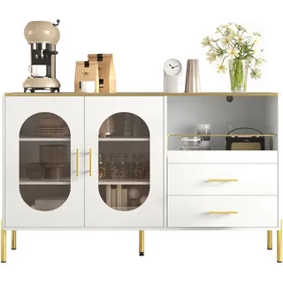 Flieks Sideboard 2 Schubladen 2 Glastüren Weiß Goldakzente Stauraum , Holzwerkstoff , 38x90x140 cm , Kleinmöbel, Kommoden, Sideboards