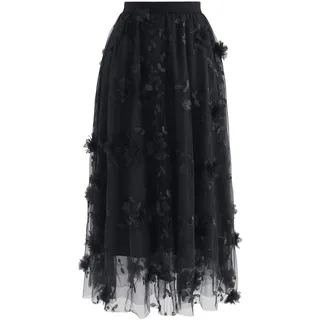 CHICWISH Damen 3D Mesh Blumen Bestickt Tüll Midi Rock, Schwarze 3D-Netzblume, Mittel