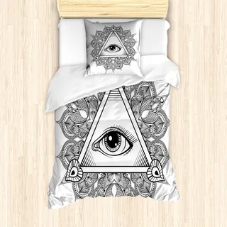 ABAKUHAUS Auge Mantele, Vintage Tattoo Boho Occult, Milbensicher Allergiker geeignet mit Kissenbezügen, 135 cm x 200 cm - 80 x 80 cm, Schwarz-Weiss - Schwarz