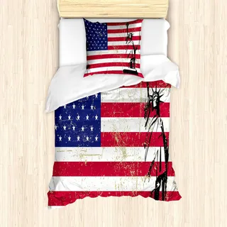 ABAKUHAUS New York Bettbezug Set, Freiheitsstatue Und Usa Flagge Retro Art Erleuchtende Weltberühmte Ikone, 135 x 200 cm + 80 x 80 cm, Dunkler Coral Weiß