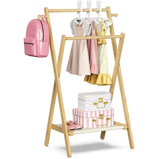 BAMBOOHOMIE Kinderkleiderständer, Kostümständer für Kinder, mit Regal und Doppelstangen, zusammenklappbarer Kleiderständer für Kinderkleidung, Haustiere, Babyzimmer
