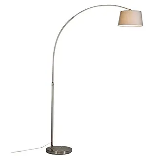 Qazqa - Moderne Bogenlampe Stahl I Silber I nickel matt mit grauem Stoffschirm - Arc Basic I Wohnzimmer - Stahl Länglich - LED geeignet E27