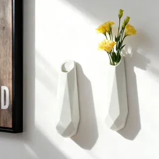 JIDOFUE Hängende Wandvase aus Keramik, 7,9 Zoll, Set aus 2, Wandpflanzenhalter für Innenpflanzen, Weiße Wandvase für Deko und Blumen