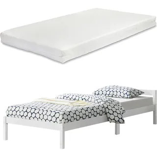 Holzbett Nakkila mit Matratze 90x200 cm Einzelbett mit Kaltschaummatratze Standard 100 Jugendbett Gästebett Kiefernholz Weiß Matt - Weiß