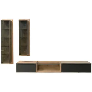 hülsta Wohnwand , Anthrazit, Eichefarben , Holz, Glas , Asteiche , massiv , 4,3,7 Fächer , 373x205.9x39.5 cm , individuell planbar, Beimöbel erhältlich , Holzmöbel, Wohnwände Holz, Wohnwände Holz