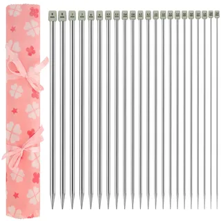 Curtzy 22er-Pack Aluminium Stricknadeln - Stricknadel Set mit 35cm Nadellänge - Einspitzige lange gerade Nadeln 2-8mm - 11 Größen 2 von jeder Größe - für Anfänger und Experten