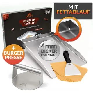 Premium Plancha Grillplatte mit offene Ecken aus hochwertigem Edelstahl, inkl. Grillspachtel & Burgerpresse - induktionsgeeignet