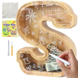Lakpopya Spardose für Kinder Jungen Mädchen Sparschwein Kinder Spardose Personalisiert Durchsichtig Spardose Buchstabe Holz A-Z mit Zielbereich & Aufkleber & Marker, Taufe Geschenk Dekoration (S)