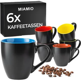 MIAMIO - Kaffeetassen Set, Keramik (6x350ml, Schwarz-Bunt) - Le Papillon | Keramik Kaffeebecher für Kaffee, Cappuccino und Tee, 6x350ml, Schwarz-Bunt für Alltag und Kaffeetafel - spülmaschinenfest